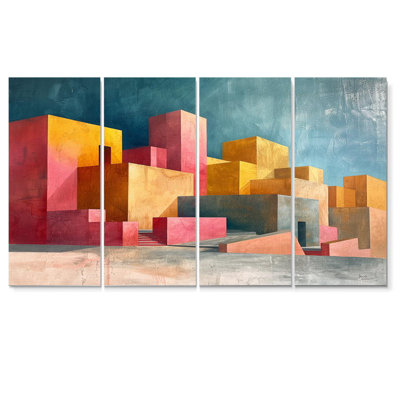Art marocain sur toile rose et jaune Architecture du Maroc, H 32 po x l 64 po