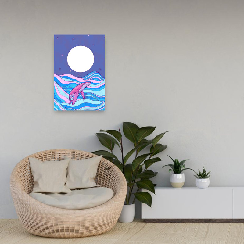 Pink Whale Moonlit Swim Dreamy Serene Vibrant Whale Ocean Landscape Wall Art Print 1 Piece Wrapped Canvas Wall Art