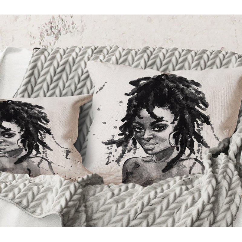 Carré, portrait monochrome d'une femme afro-américaine II - Coussin décoratif imprimé moderne, 18" x 18"