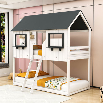Anbut Playhouse Design Twin-Over-Twin Bunk Bed With Pitched Roof And Windows