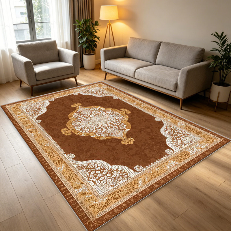 Brown Persian carpet-easy to clean, machine-washable, soft and comfortable; suitable for door mats, kitchens, living rooms, bedrooms, corridors, and laundry areas. Easy to clean, durable carpet for home decoration.