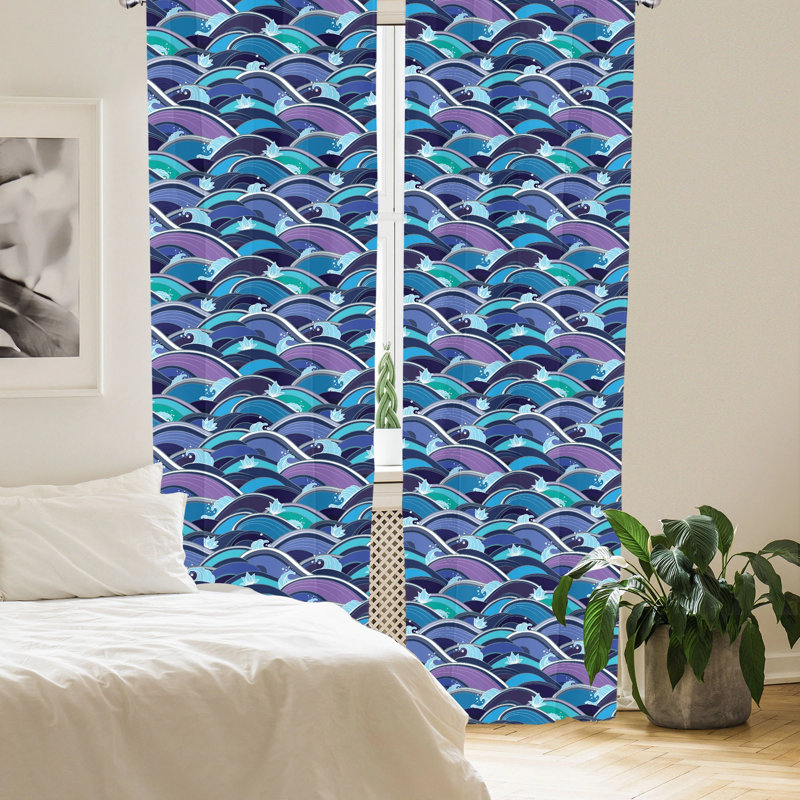Pale Blue Navy Polyester Room-Darkening Rod Pocket Curtain Panels