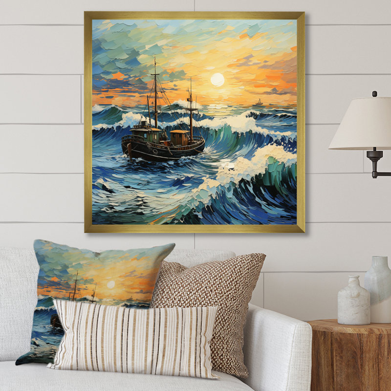 Vangogh paysage marin avec pêche en V, H 16 po x l 16 po x P 1 po, Cadre doré à une seule photo