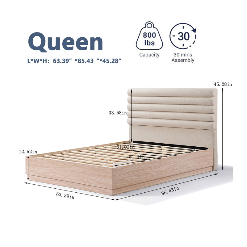 Structure de lit grand en bois avec tête de lit tapissier en tissu Boucle