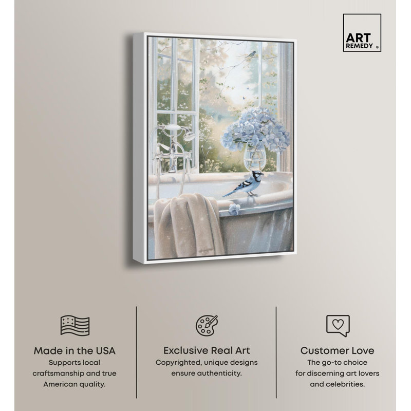 «Bluebird Bathroom Canvas Glam Bathroom Art» par Art Remedy, H 16 po x l 11 po, Cadre blanc