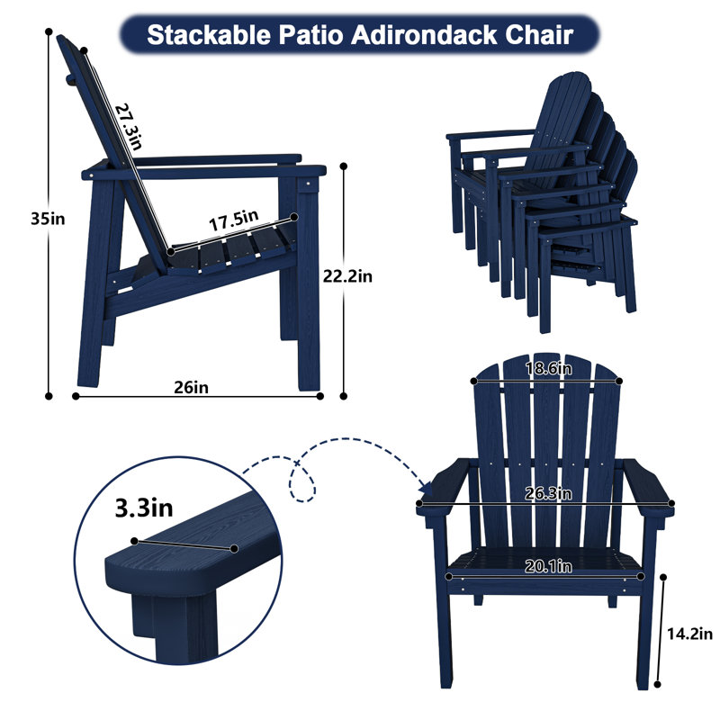 Set of 4 Stackable Adirondack Chairs – HDPE Outdoor Patio Seating, All-Weather Durable Design with Space-Saving Storage and Comfort Backrest