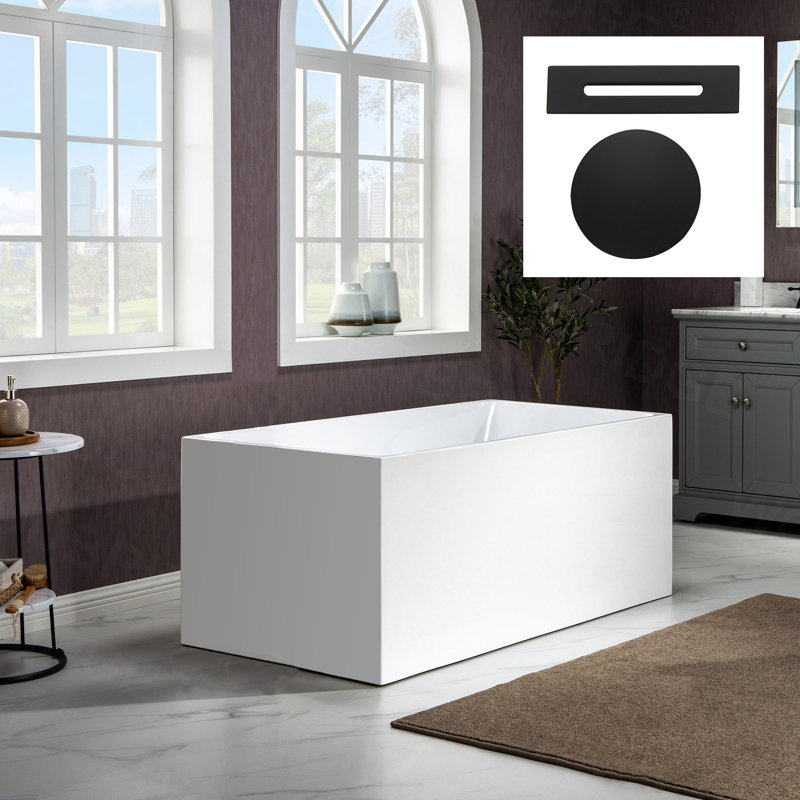 67" x 32" Freestanding Soaking Acrylic Rectangular Bathtub with Reversible Drain, Matte Black