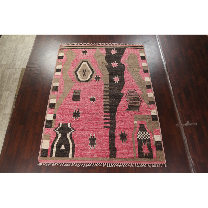 Tapis rose en laine noué à la main de conception unique 8 pi 0 po x 10 pi 7 po