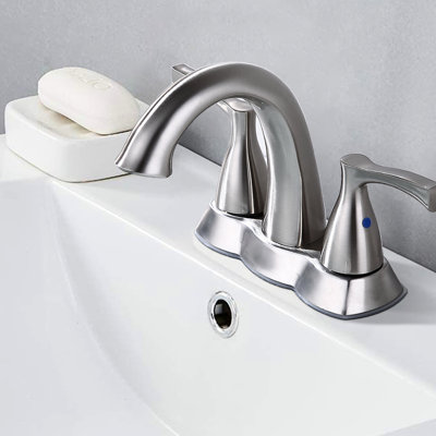 Robinet de lavabo de salle de bain à 2 poignées en nickel brossé - Laiton massif, 4 pouces, bonde escamotable, aérateur d'eau, teinture et vandalisme, installation facile pour les éviers avec matériau, poignées à levier, taches et dommages