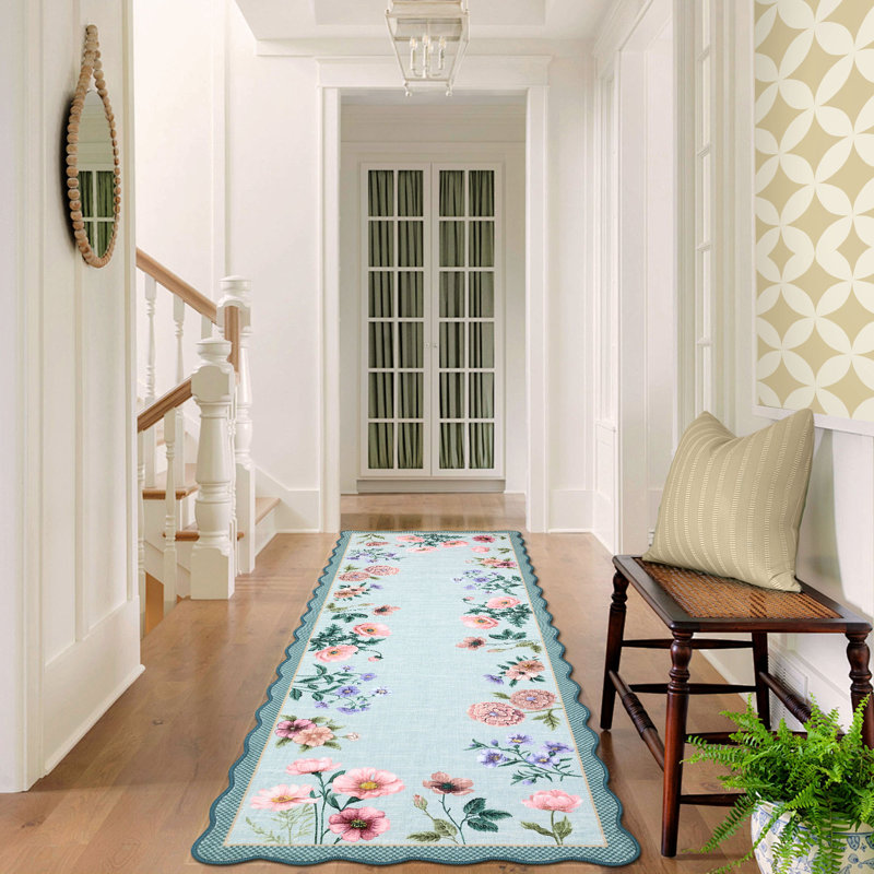 Farmhouse Floral Machine Washable Rug with Non Slip TPR Backing, Soft Non Shedding Scalloped Carpet, Low Pile Thin Floor Mats