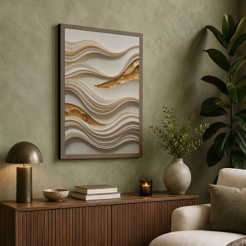 Waves in Gold Minimalist 1 Piece Wrapped Canvas Wall Art, 18x12 - 45.7 x 30.5 cm, Taupe Border