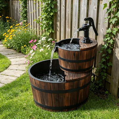 2-Tier Rustic Wooden Barrel Cascading Waterfall Fountain for Outdoor Garden Decor