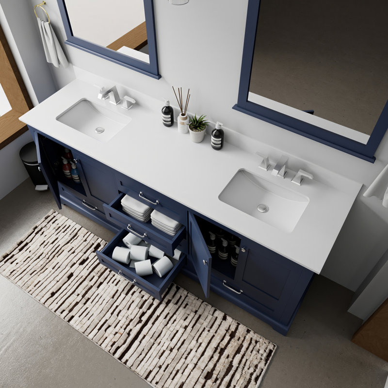 Double Bath Vanity with White Quartz Top, Navy Blue