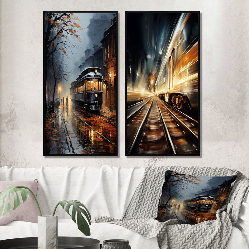 «Train Misty Morning Pointillism», 2 pièces sur toile, H 40 po x l 40 po, Cadre noir
