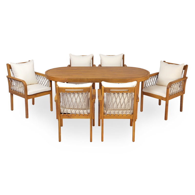Ensemble de salle à manger 6 personnes en bois d'acacia avec plateau ovale à lattes et corde tissée Solyn, Oatmeal Rope/Teak