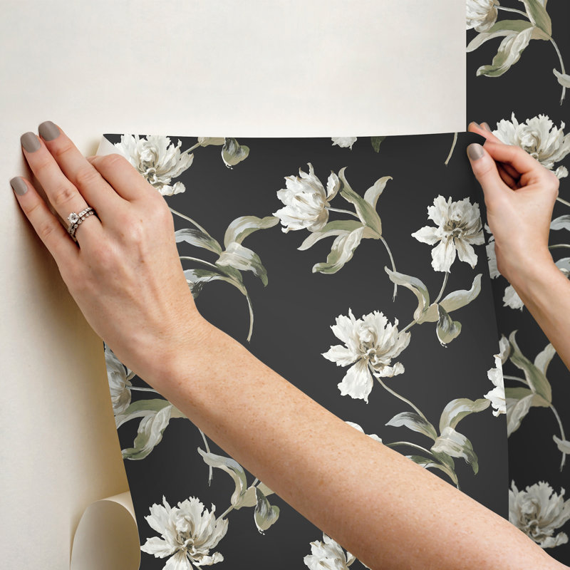 Grand papier peint floral perroquet tulipe, Noir, noir, noir, noir