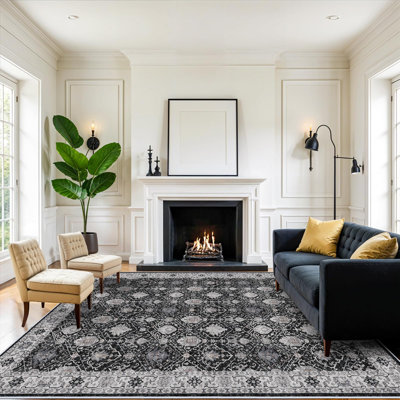 Washable Large Area Rug: Indoor Oriental Living Room Carpet with Non Slip Backing Ultra Soft Low Pile Rugs for Bedroom Dining Room Distressed Stain Resistant Thin Floor Mat (Black)