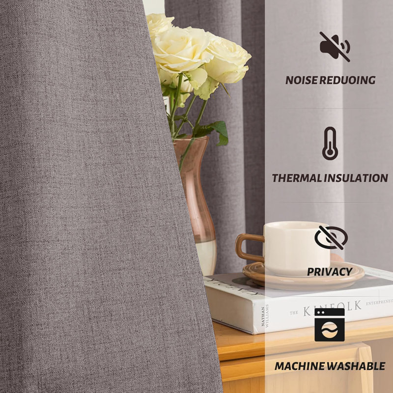 Linen 100% Blackout Eyelet Ring Top Readymade Curtain for Window & Doors 2 Panel , 168cm Width x 228cm Drop, Mocha