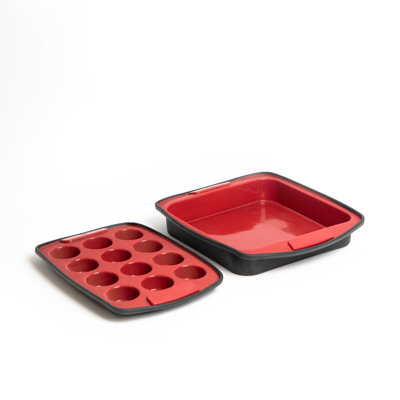 2pc Red Silicone Bakeware Set with Square Bake Pan and 12-Hole Baking Pan
