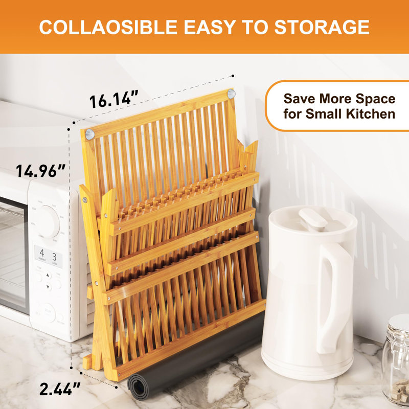Bamboo Dish Drying Rack With Utensil Holder, 3 Tier Collapsible Dish Rack
