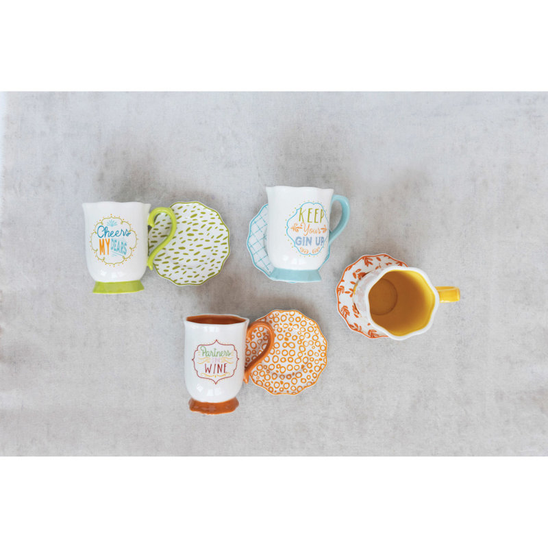 Tasse et soucoupe en grès peint à la main avec dicton