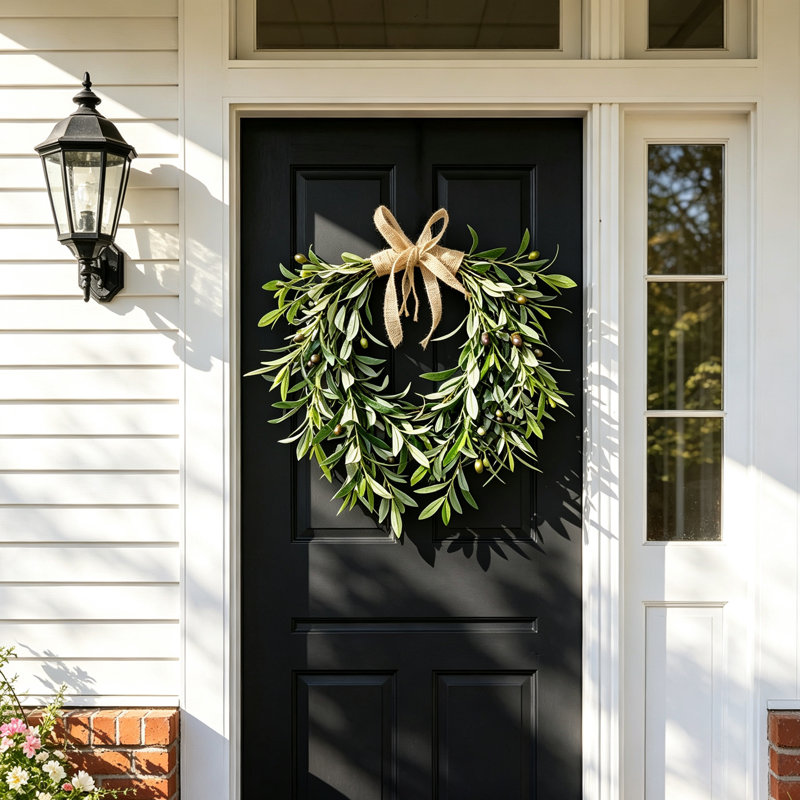 Couronne de feuilles d'olivier artificielles avec nœud rustique en toile de jute, 50 cm (19,69 po), fausse verdure à suspendre pour porte d'entrée, mur, décoration de maison de style champêtre et décoration de mariage