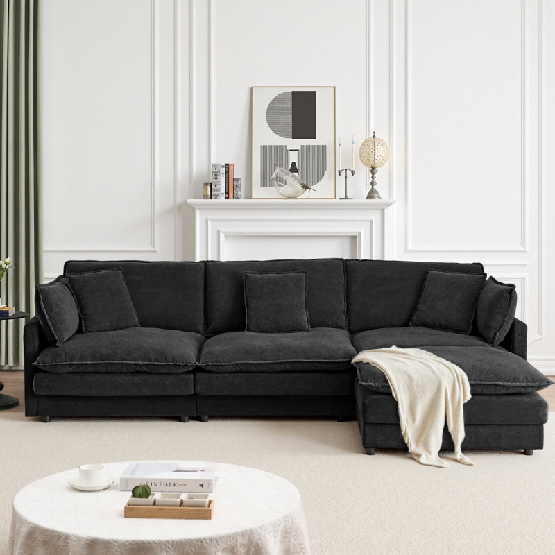 L-shaped Sectional Sofa Couches With Ottoman Oversized 4 Seater Couch For Living Room, Black
