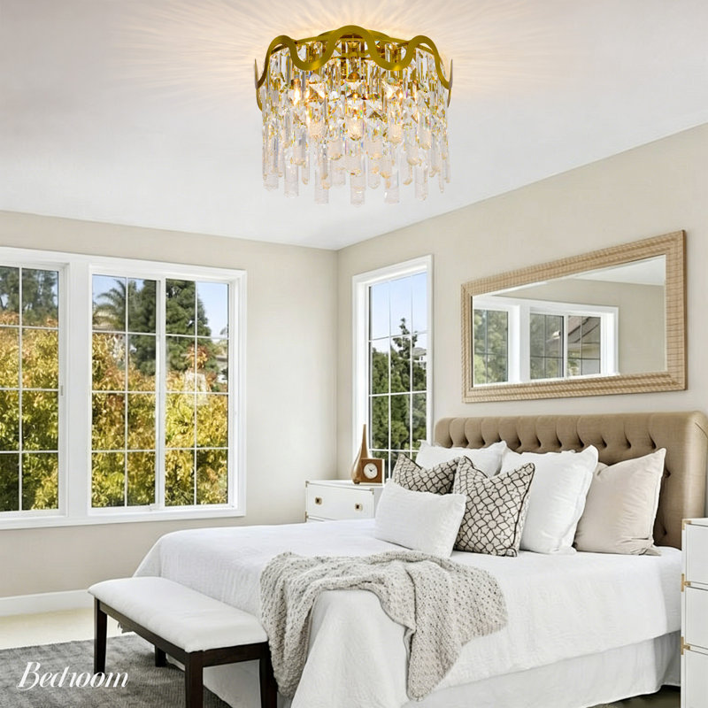 Plafonnier moderne encastré en cristal K9 doré de 38 cm (15 po), lustre à 5 lumières près du plafond, lampe de plafond ronde en cristal plaqué cuivre pour chambre, salle à manger, couloir, cuisine, entrée