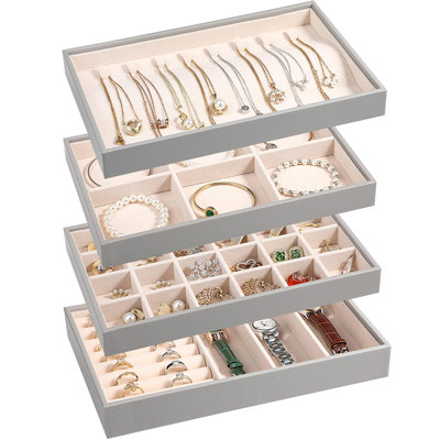 Stackable Jewellery Organizer Trays 4 Set,PU Leather Jewellery Organizer Drawer,Jewellery Storage Display Tray With Removable Dividers,Grey