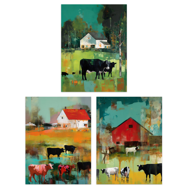The Farm Grazing Cattle Cows Green Brown Landscape - 3 Piece No Frame Print Set, 40.5cm H x 30.5cm W x 0.3cm D