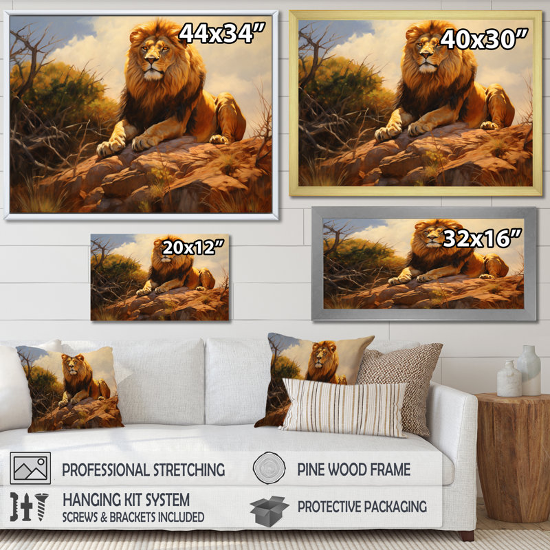Lion en plein air II, reproduction d'art sur toile, H 16 po x l 32 po x P 1 po, Cadre naturel flottant