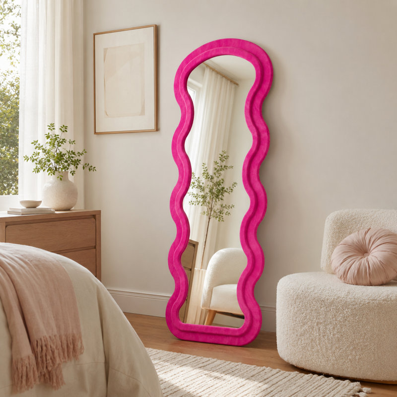 Miroir de plancher en flanelle pleine longueur ondulé avec support pour le salon de la chambre à coucher suspendu ou incliné