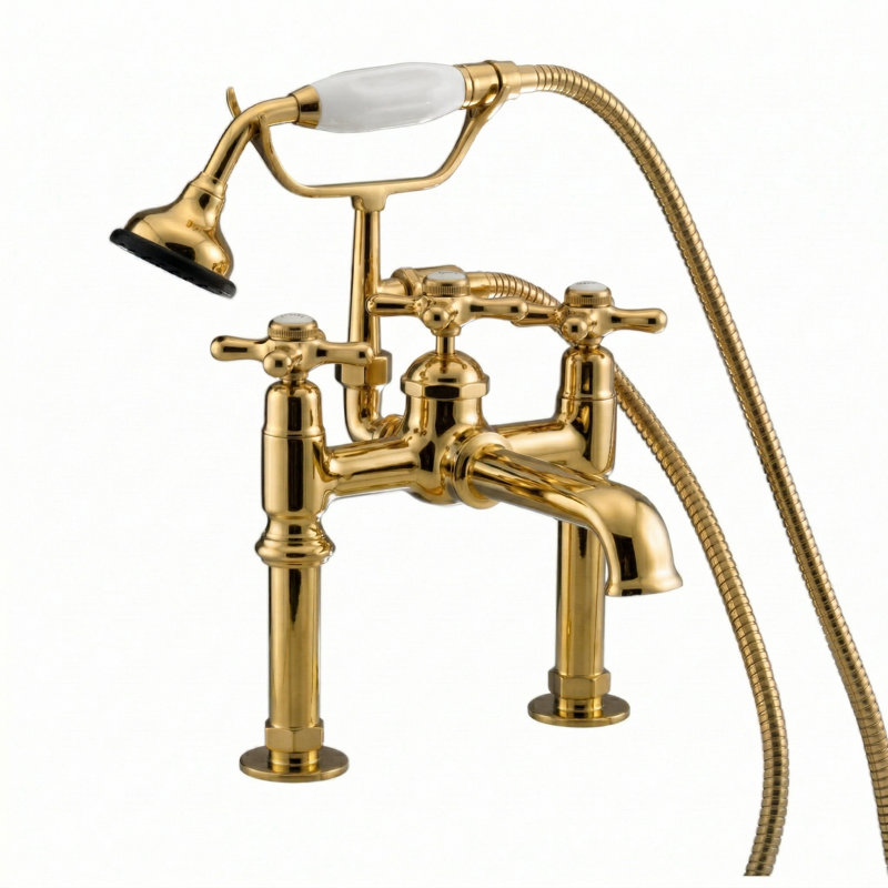 Robinet de baignoire décoratif P1002 avec poignées en croix et douchette à main, Unlacquered Polished Brass