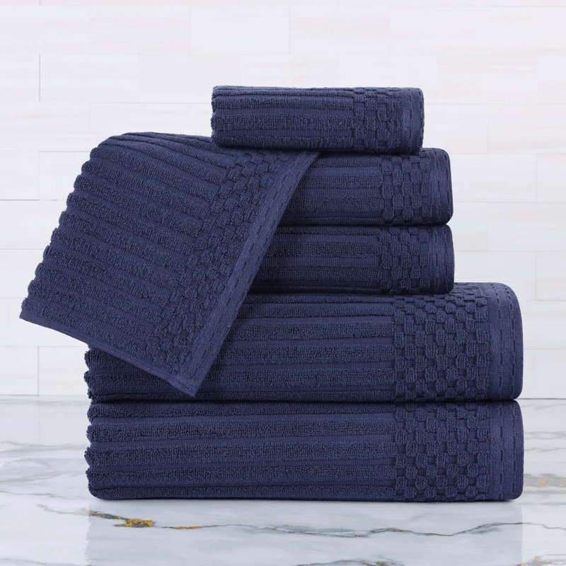 Ensemble de serviettes en coton très absorbant de six articles avec bordure unie et carreauté Ruvins, Bleu marine