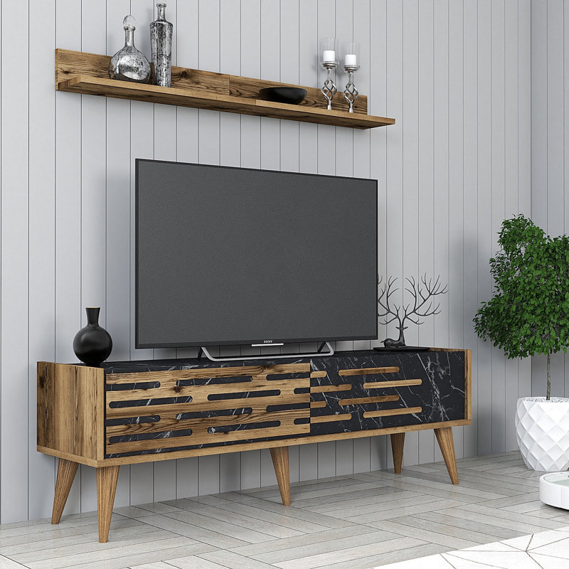 Meuble télé moderne avec tablette murale, finition noyer et marbre noir, 55,1 x 13,8 x 17,7 pouces | 100% panneau de particules enduit de mélamine, comprend de nombreuses tablettes et du rangement supplémentaire | Design élégant pour le salon