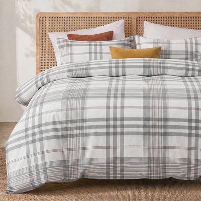 100% Cotton Plaid Duvet Cover Set, 100% Washed Cotton Bedding, Queen Size 3 Piece Soft Breathable Comforter Cover Set with Hidden Zipper and 8 Corner Ties, Dusty Gray
