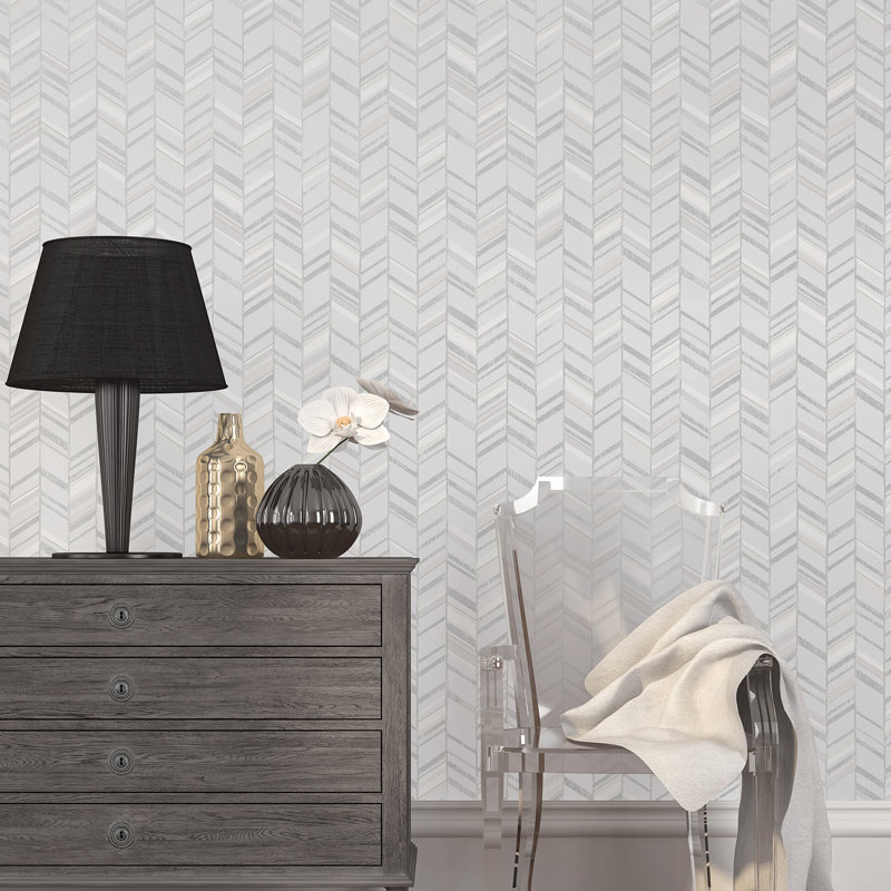 Rouleau de papier peint spécial à motif de chevrons scintillants 2 effets spéciaux, Argent/Gris