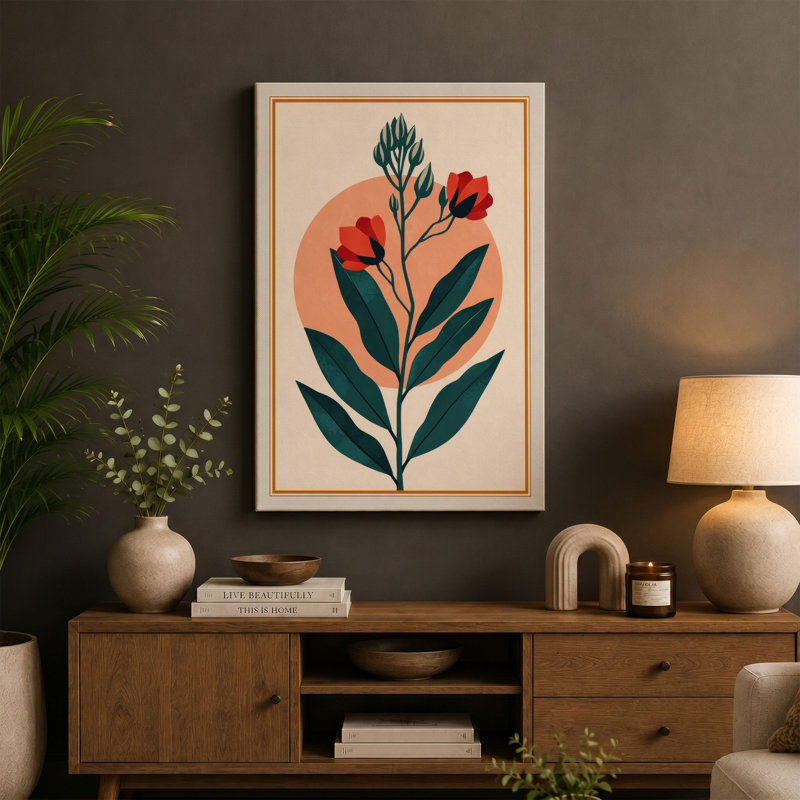 Flowering Plant Study Botanical - Wrapped Canvas, 30x20 - 76.2 x 50.8 cm, Terracotta Border