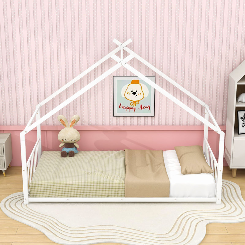 Charming House-Inspired Metal House Bed With Slats, Twin, White