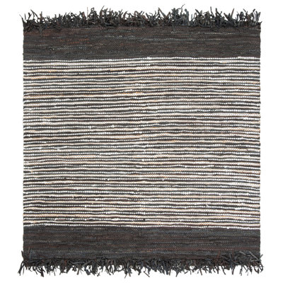 Exley Vintage Leather Hand Woven Leather Cotton/Jute Striped Rug in Dark Brown