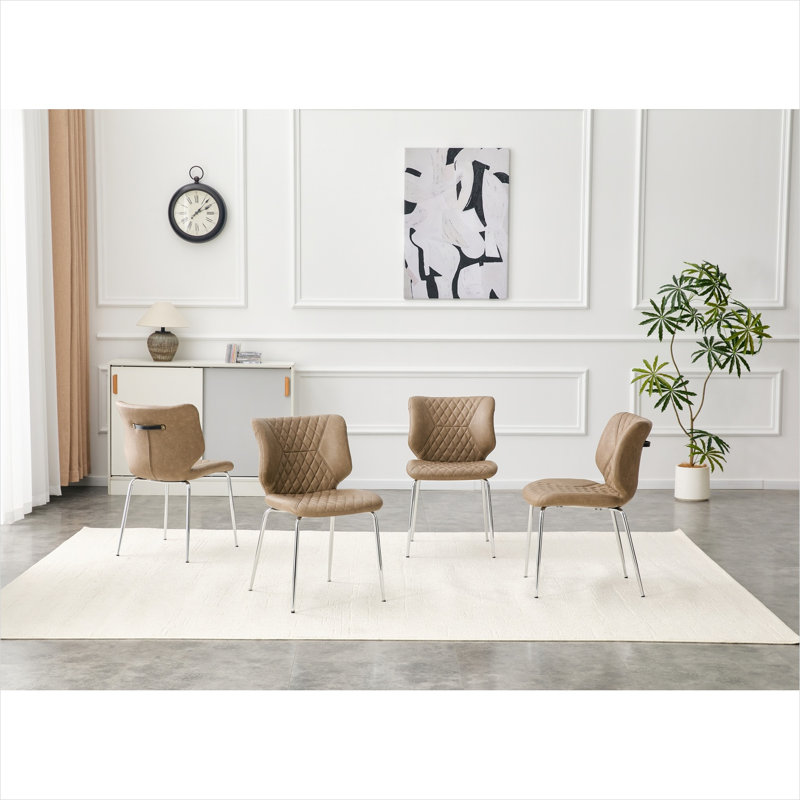 Ensemble de 4 chaises d'appoint avec finition beige, similicuir moderne de style Mid-Century, dossier haut capitonné, pieds en métal