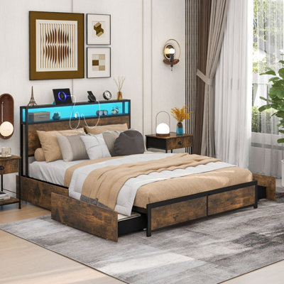 King Bed Metal Frame W/ LED & Drawers Charging Station No Box Spring Needed