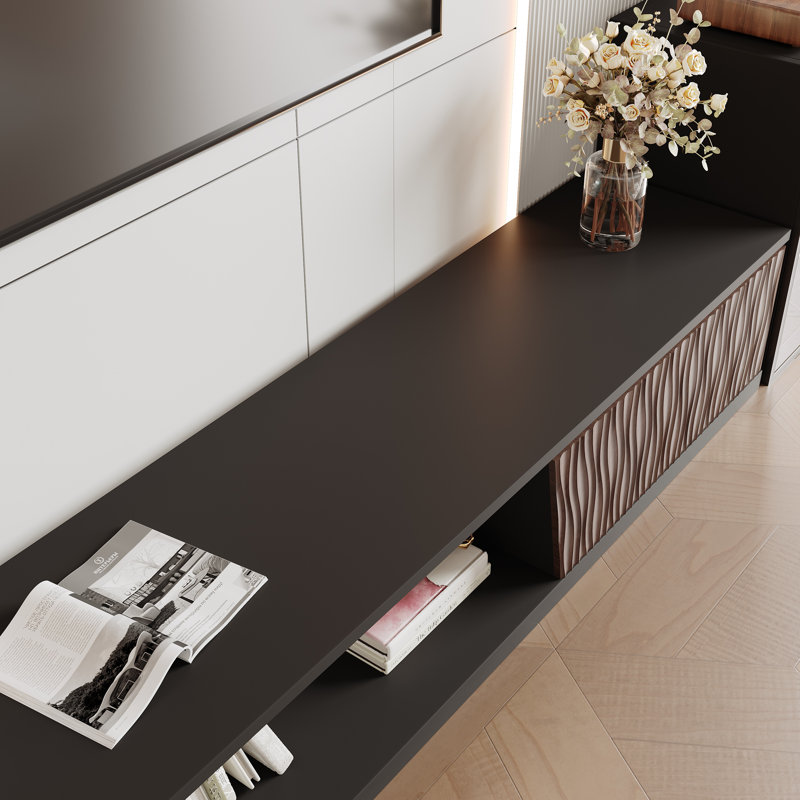 Meuble télé moderne extensible pour téléviseur de 85 po ou moins avec 3 tiroirs de rangement et une tablette ouverte de conception unique