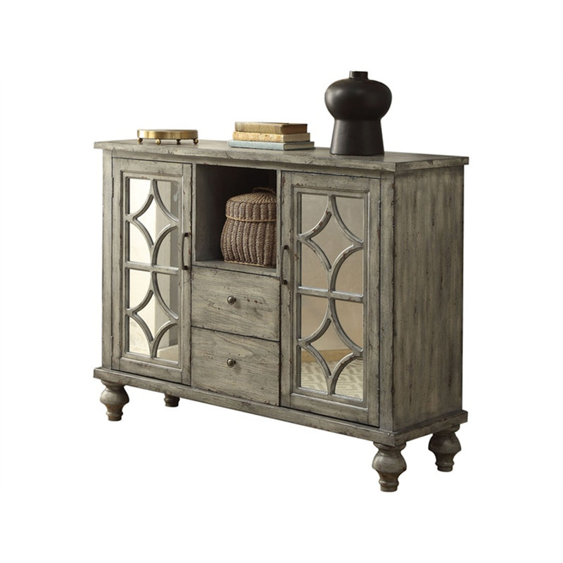 Velika Weathered Gray 53'' Wood Console Table with Mirrored Storage