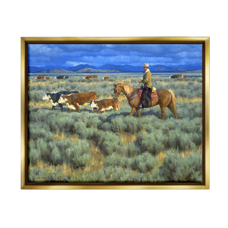 "Cowboy Rounding C best" par Jimmy Dyer sur toile, H 17 po x l 21 po, Or