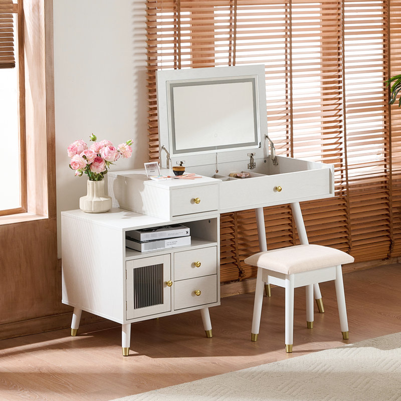 31 coiffeuses avec éclairage à DEL 3 couleurs, armoire latérale coulissante et tabouret - parfait pour les petites chambres
