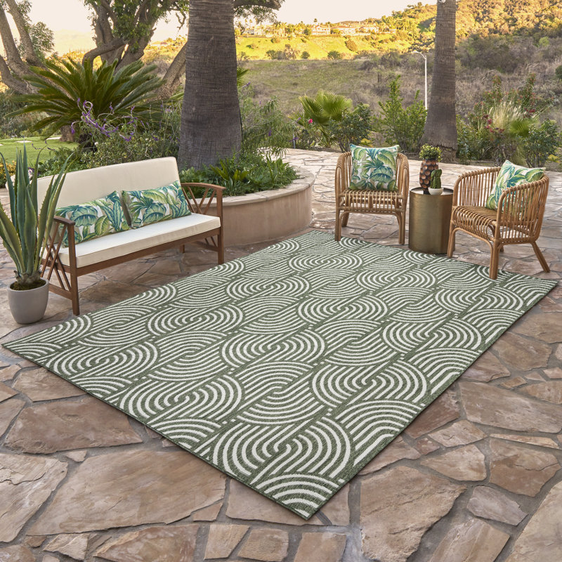  Tropea Chyana All-Weather Flatweave Indoor/Outdoor Area Rug, Olive Green Modern Geometric – Patio, Deck, Porch & Poolside