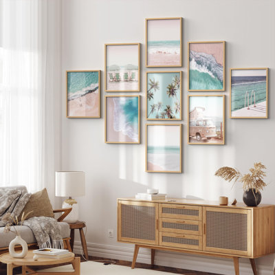 Framed Wall Art Collage Print Gallery Set, Tropical Duotone Ocean Beach Waves Nature Wilderness Photography Modern Art Rustic Boho Relax/Calm for Living Room, Office, Bedroom - 8"x 10"x 9 Natural