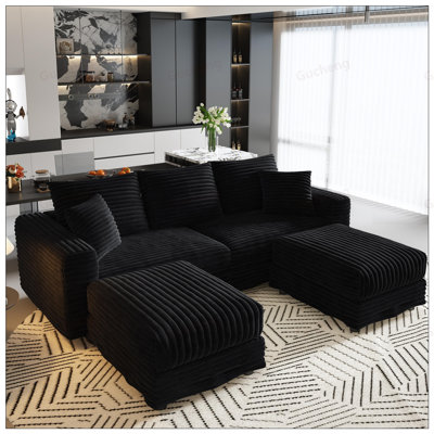 82.7 Inch Plush Corduroy 3-Seat Sofa with Soft Pillows and 2 Ottomans, Convertible to Lounge Chair for Living Room, Apartment, Office