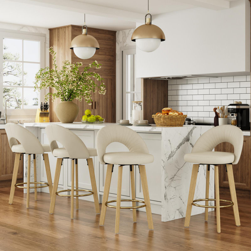 Modern 26" Counter Height Swivel Bar Stool with Faux Leather Upholstered Seat, Rubberwood Legs and Metal Footrest, Beige